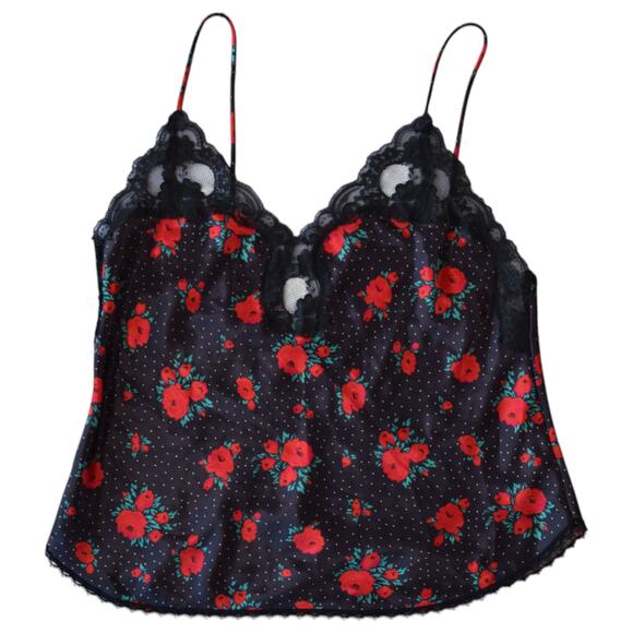 Black Floral Lace Cami Top Medium – Satin Rose Print Spaghetti Strap Tank - Picture 1 of 6